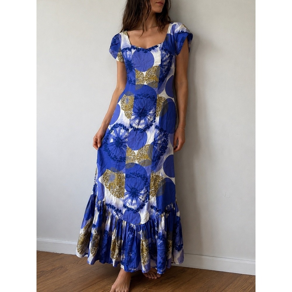 VTG 70s Blue Abstract Floral Hawaiian Maxi Dress XS/Small Drop Waist Ruffle Hem